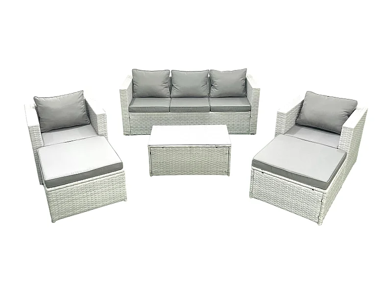 7-Sitzer Polyrattan Gartenmöbel Set mit 3-Sitzer Sofa 2 Sesseln Rechteckiger Couchtisch 2 hohen Hockern Hellgrau gemischt