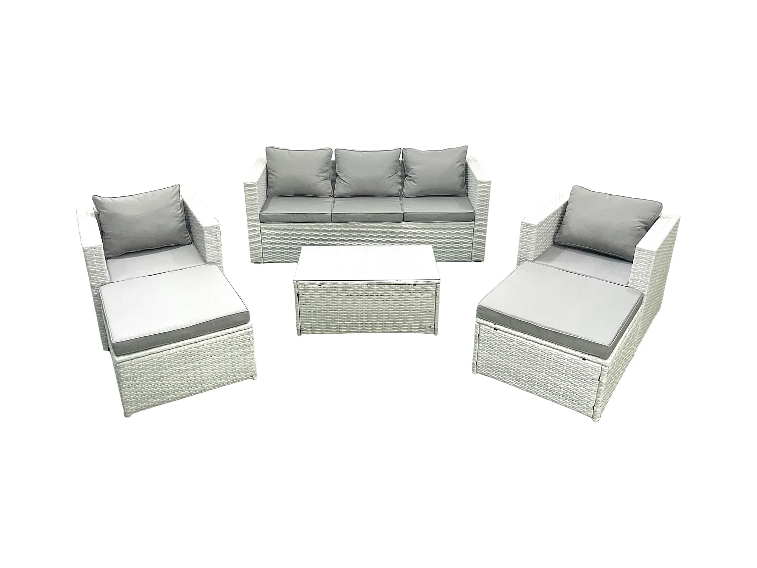 7 places Salon de jardin avec Canapé 3 places 2 Chaise Table basse rectangulaire 2 Grand tabourets Gris clair mixte