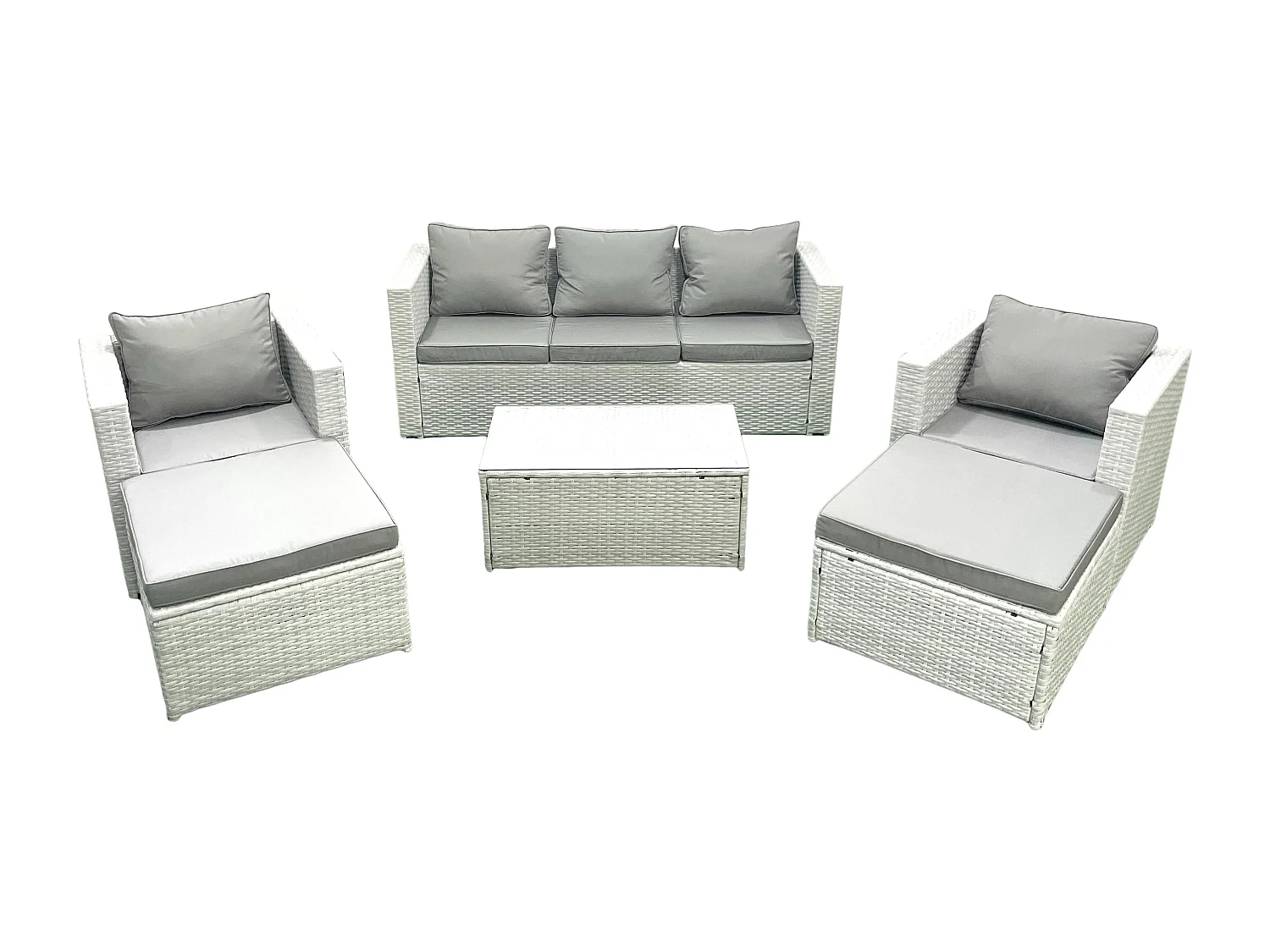 7 places Salon de jardin avec Canapé 3 places 2 Chaise Table basse rectangulaire 2 Grand tabourets Gris clair mixte