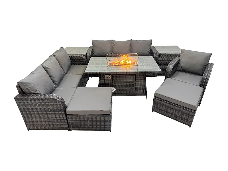 9-Sitzer Polyrattan Gartenmöbel Set Gas Feuerstelle Esstisch Liegestühle 3-Sitzer Sofa Set mit 2 Beistelltischen 2 hohen Hockern