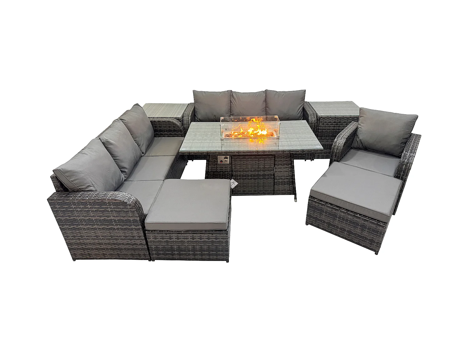 9-Sitzer Polyrattan Gartenmöbel Set Gas Feuerstelle Esstisch Liegestühle 3-Sitzer Sofa Set mit 2 Beistelltischen 2 hohen Hockern