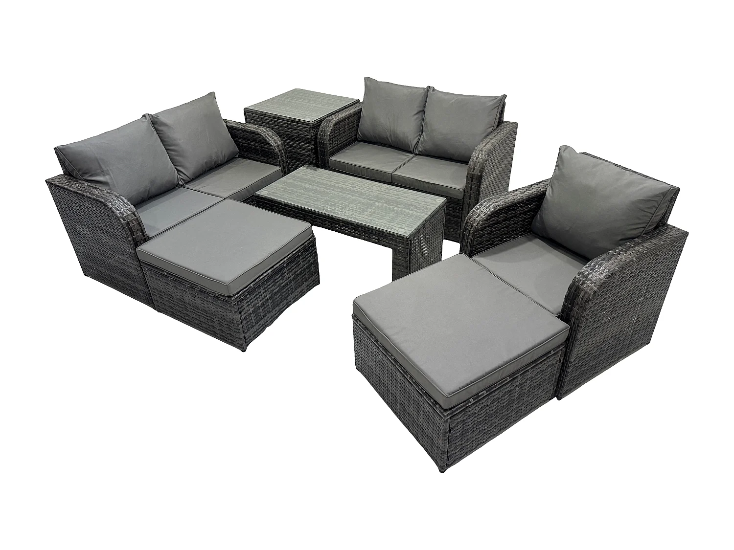 7 Pcs Rattan Gartenmöbel Sofa Set Tisch & Stühle Set mit Beistelltisch 2 hohen Hockern Dunkelgrau Gemischt