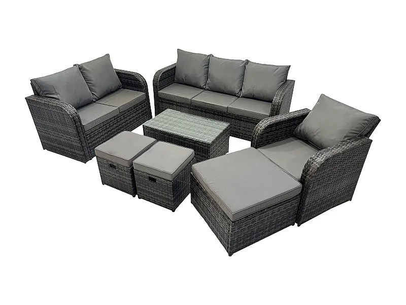 Gartenmöbel-Sets 7 Stücke Polyrattan Möbel Sofa Set mit Rechteckiger Couchtisch Loveseat Sofa 3 Hockern