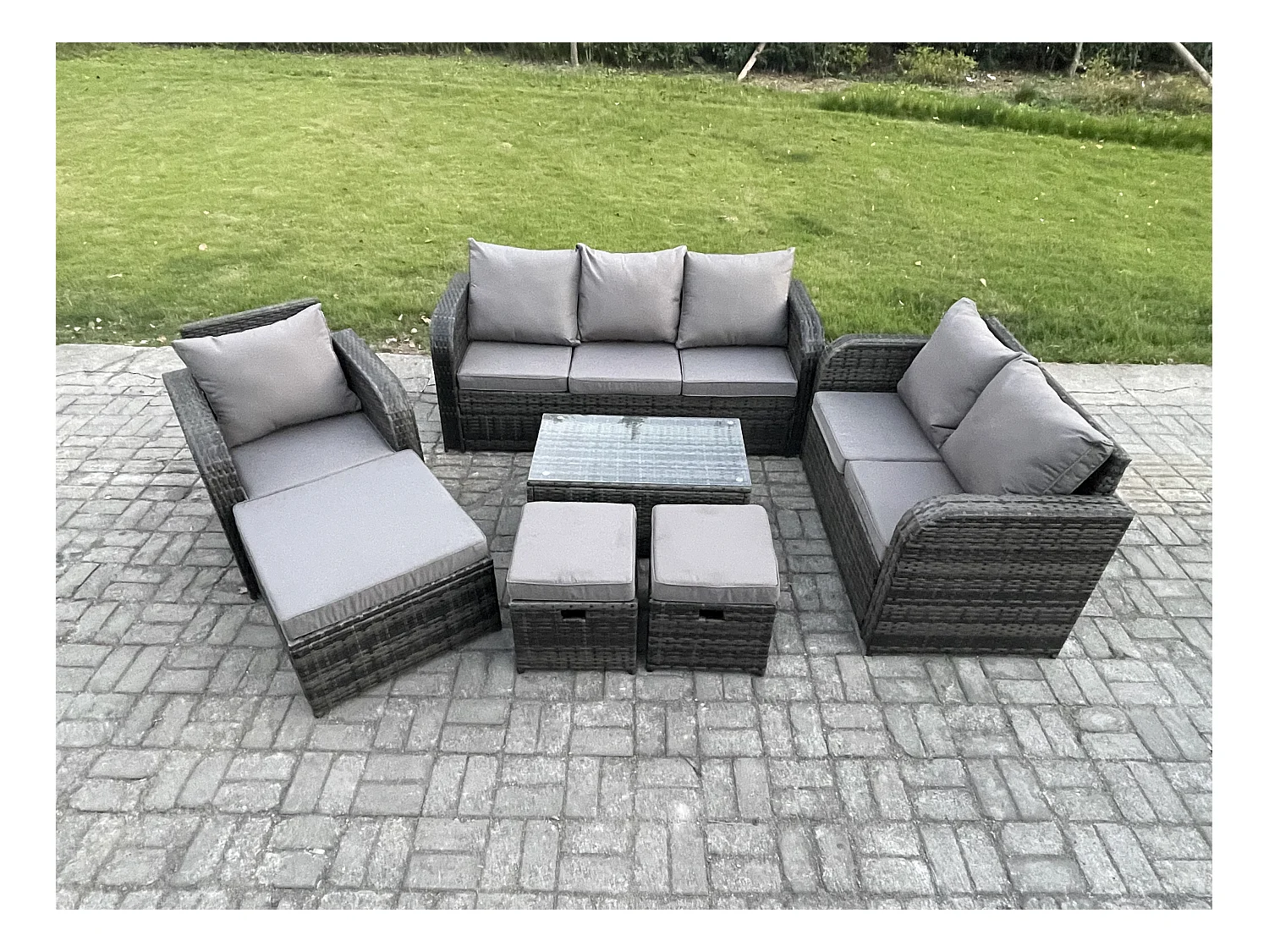 Gartenmöbel-Sets 7 Stücke Polyrattan Möbel Sofa Set mit Rechteckiger Couchtisch Loveseat Sofa 3 Hockern