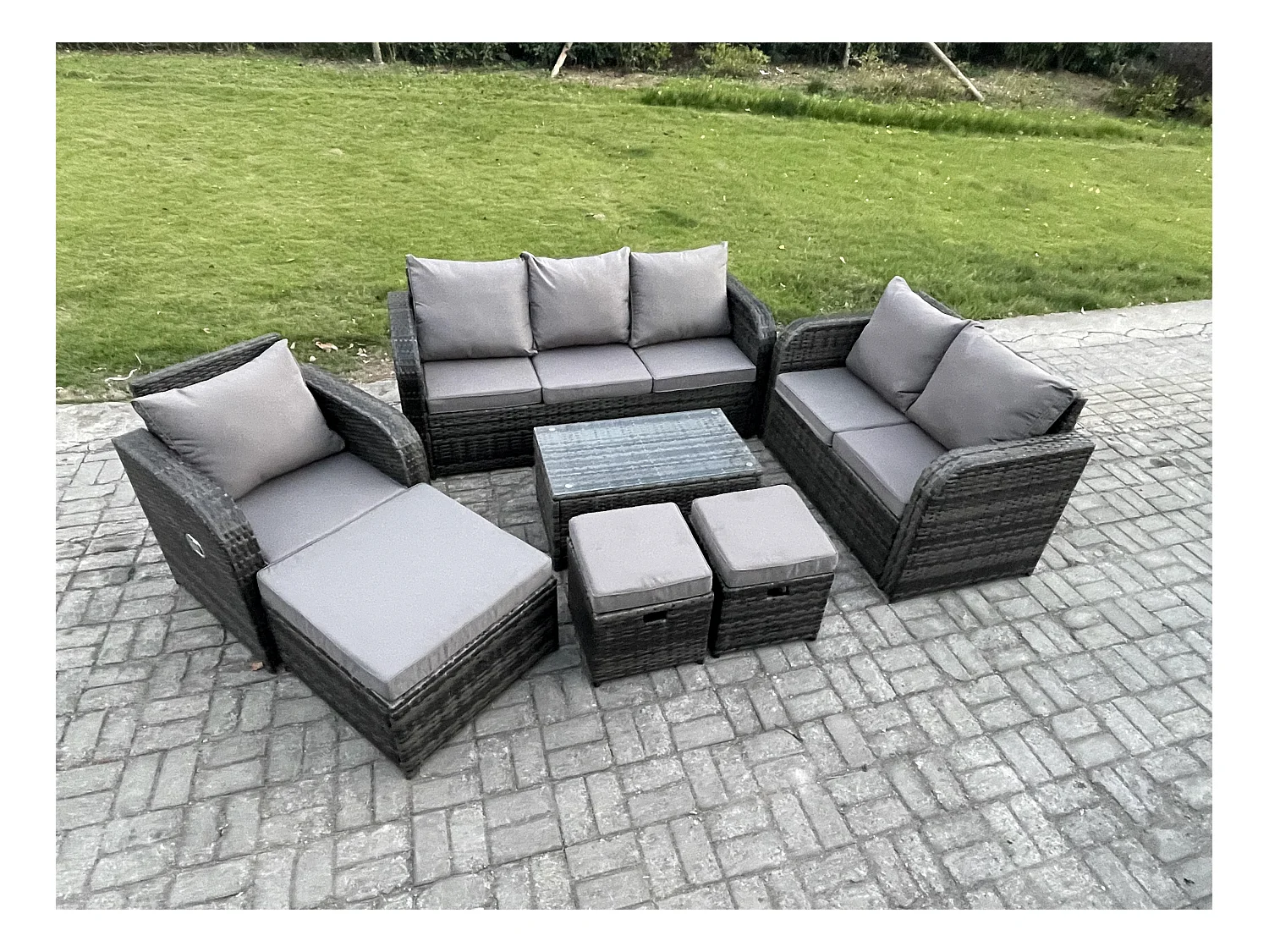 Gartenmöbel-Sets 7 Stücke Polyrattan Möbel Sofa Set mit Rechteckiger Couchtisch Loveseat Sofa 3 Hockern