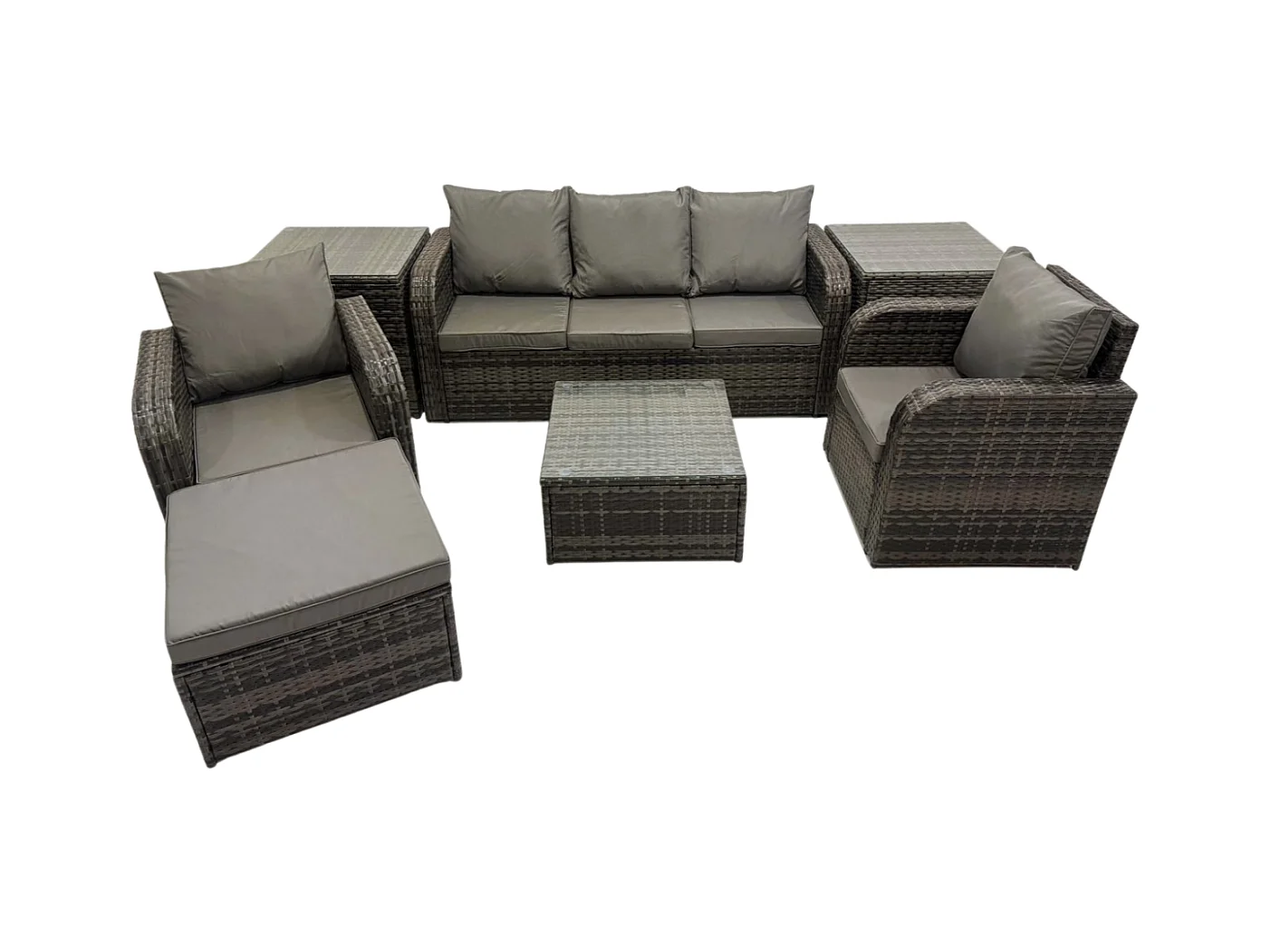 Gartenmöbelset 6 Stücke Rattan Sofa Set mit Liegestühle 3-Sitzer Sofa 2 Beistelltischen 2 Großer Hockern Dunkelgrau Gemischt