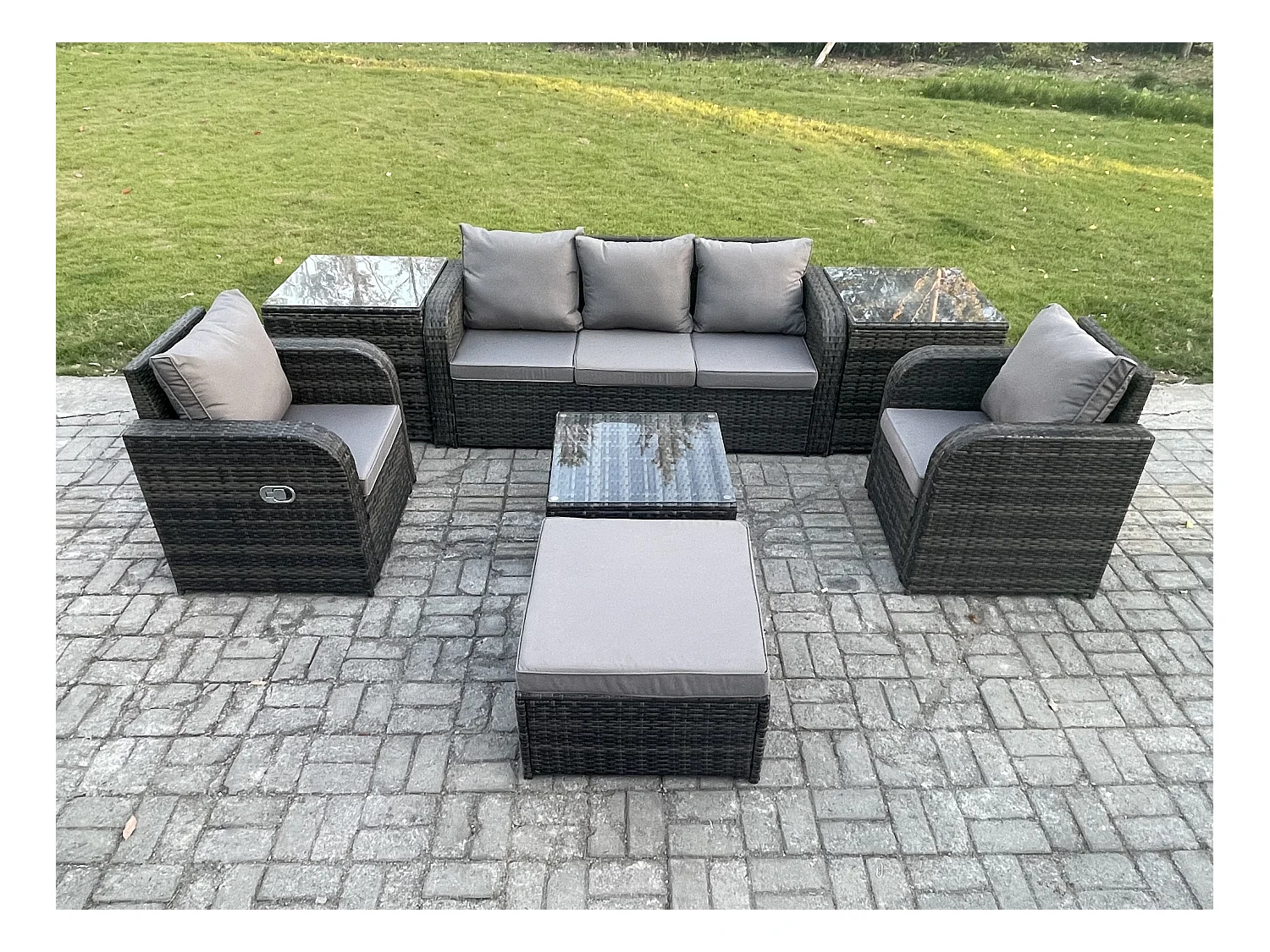 Gartenmöbelset 6 Stücke Rattan Sofa Set mit Liegestühle 3-Sitzer Sofa 2 Beistelltischen 2 Großer Hockern Dunkelgrau Gemischt