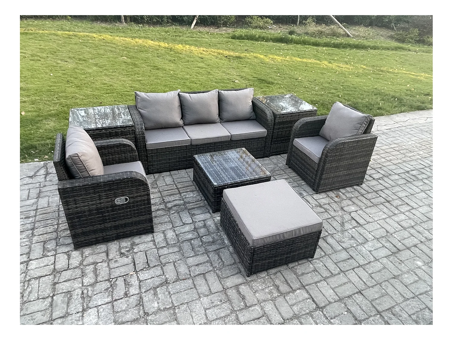 Gartenmöbelset 6 Stücke Rattan Sofa Set mit Liegestühle 3-Sitzer Sofa 2 Beistelltischen 2 Großer Hockern Dunkelgrau Gemischt