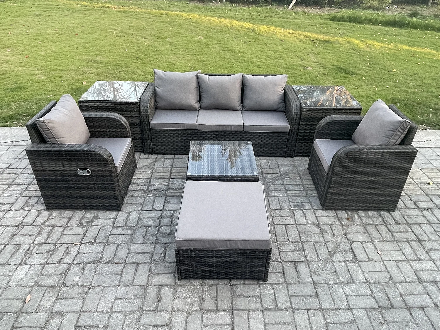 Ensembles de meubles de jardin 6 Pièces Canapés de terrasse avec Chaise inclinable Canapé 3 places 2 Tables d'appoint Grand tabouret Gris foncé mixte