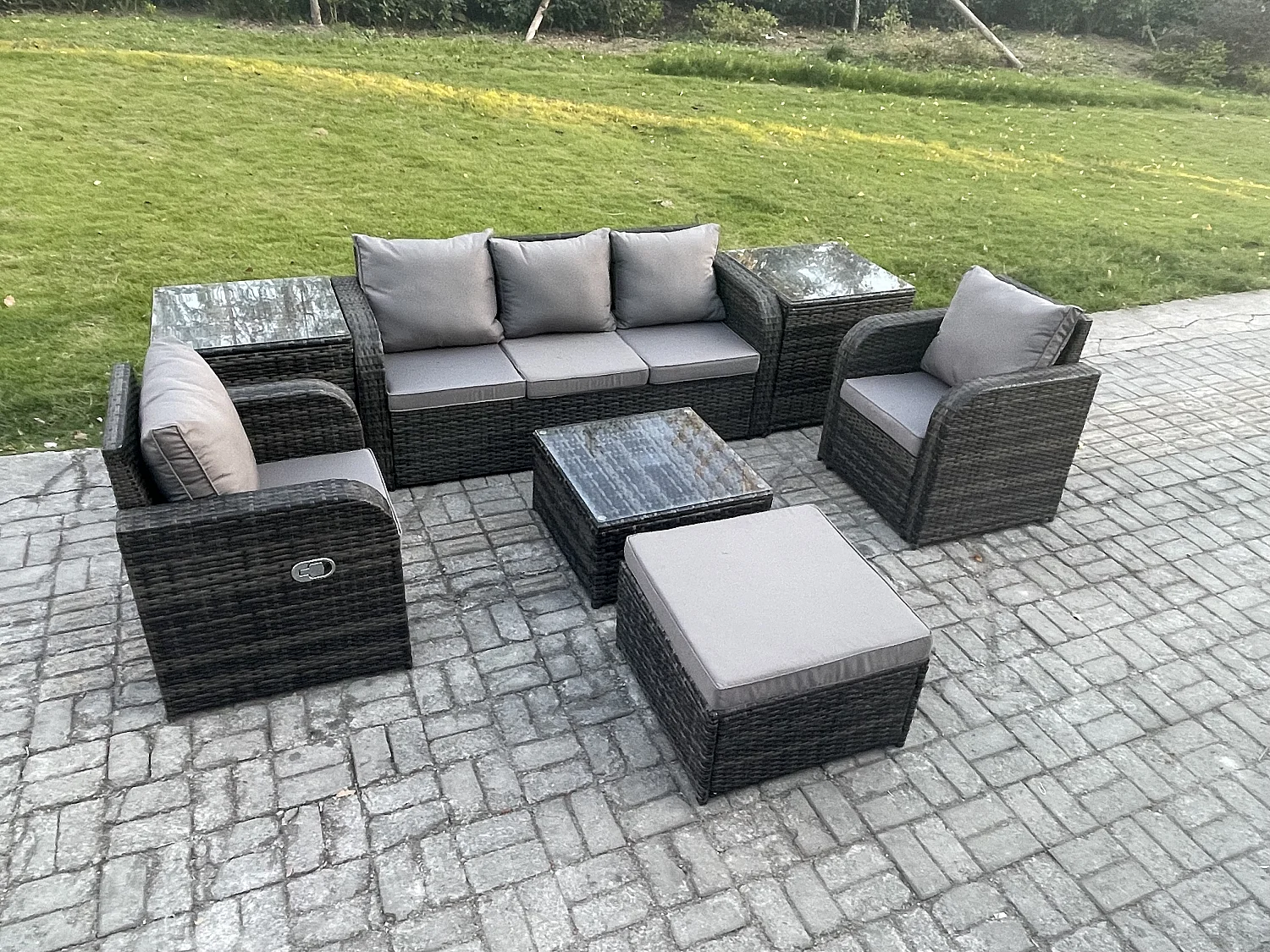 Ensembles de meubles de jardin 6 Pièces Canapés de terrasse avec Chaise inclinable Canapé 3 places 2 Tables d'appoint Grand tabouret Gris foncé mixte