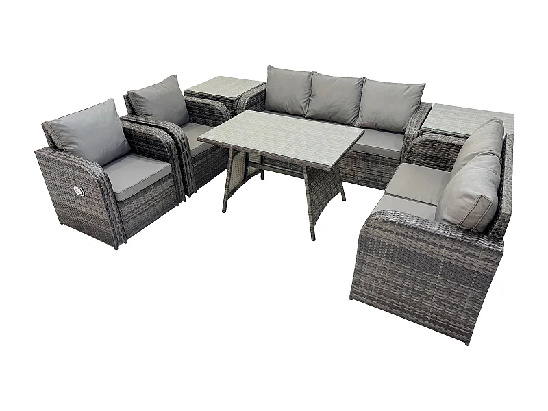 7-Sitzer Hoher Rücken Polyrattan Sofa Set Gartenmöbel Esstisch Set mit Liegestühle 3-Sitzer Sofa Love Sofa 2 Beistelltischen