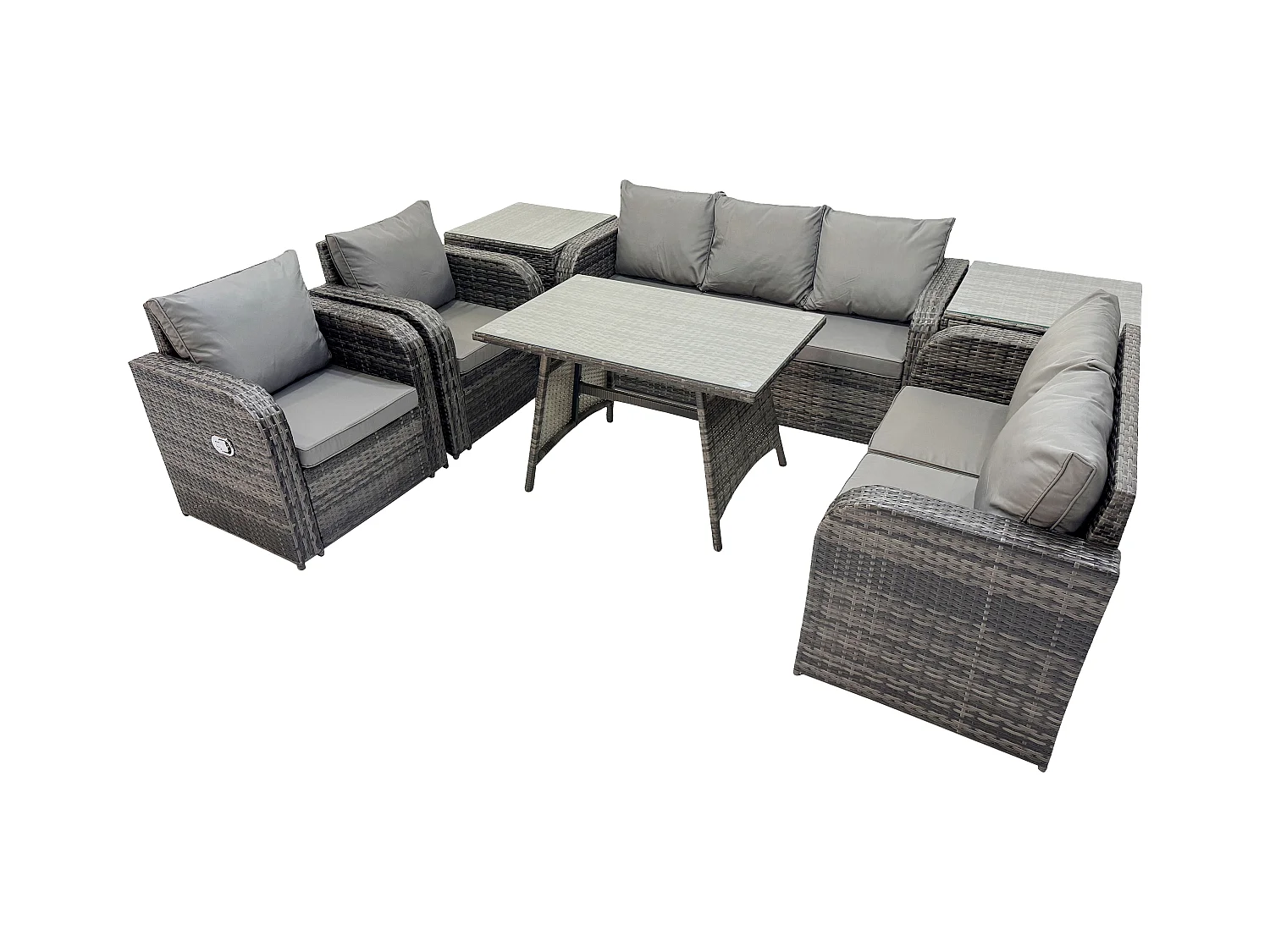 7-Sitzer Hoher Rücken Polyrattan Sofa Set Gartenmöbel Esstisch Set mit Liegestühle 3-Sitzer Sofa Love Sofa 2 Beistelltischen