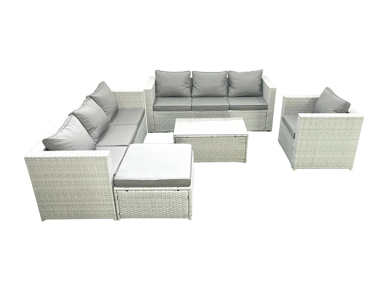 Polyrattan Sofa Gartenmöbel Set mit Sessel Rechteckiger Couchtisch 2 Großer Hockern Hellgrau gemischt