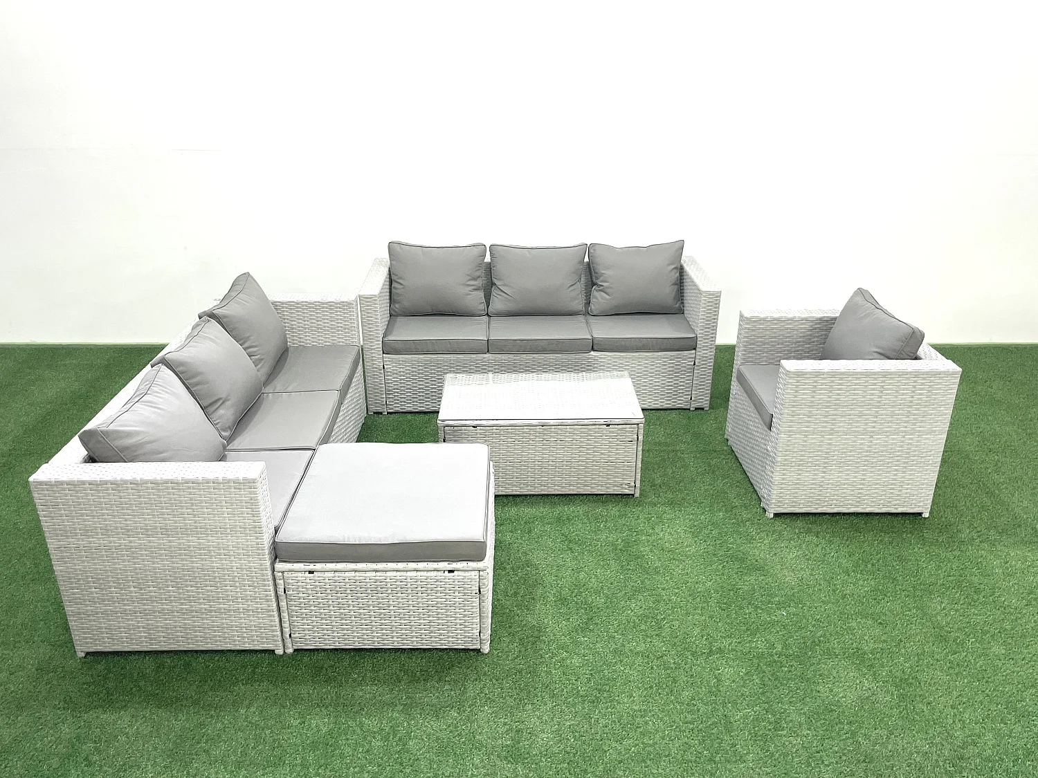 Polyrattan Sofa Gartenmöbel Set mit Sessel Rechteckiger Couchtisch 2 Großer Hockern Hellgrau gemischt