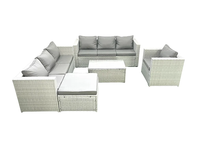 Polyrattan Sofa Gartenmöbel Set mit Sessel Rechteckiger Couchtisch 2 Großer Hockern Hellgrau gemischt