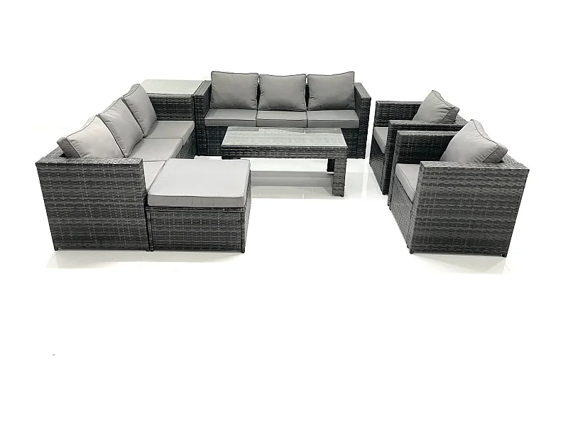 Polyrattan Gartenmöbel set mit Couchtisch Sessel Beistelltisch 2 Großer Hockern Dunkelgrau Gemischt