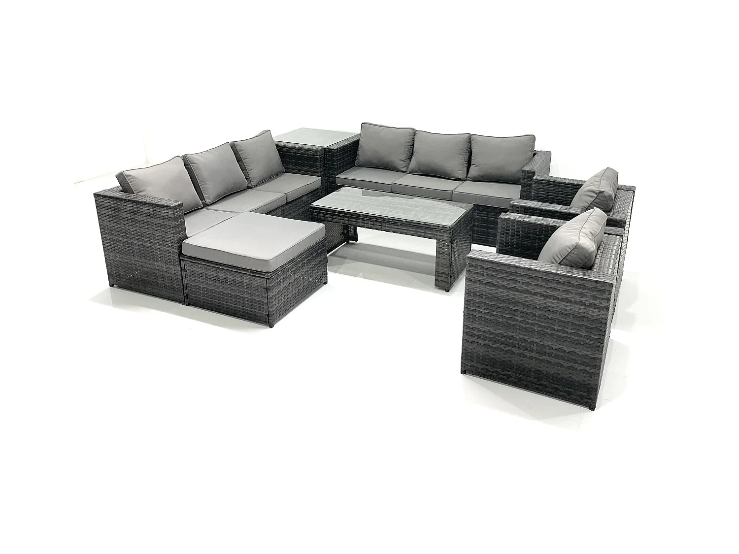 Polyrattan Gartenmöbel set mit Couchtisch Sessel Beistelltisch 2 Großer Hockern Dunkelgrau Gemischt