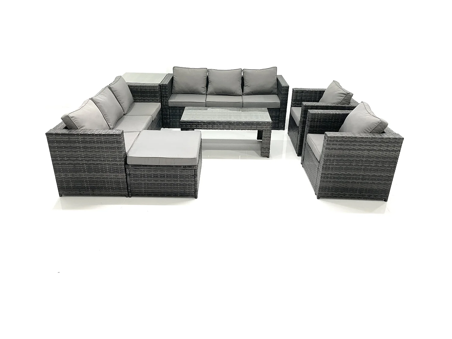 Polyrattan Gartenmöbel set mit Couchtisch Sessel Beistelltisch 2 Großer Hockern Dunkelgrau Gemischt