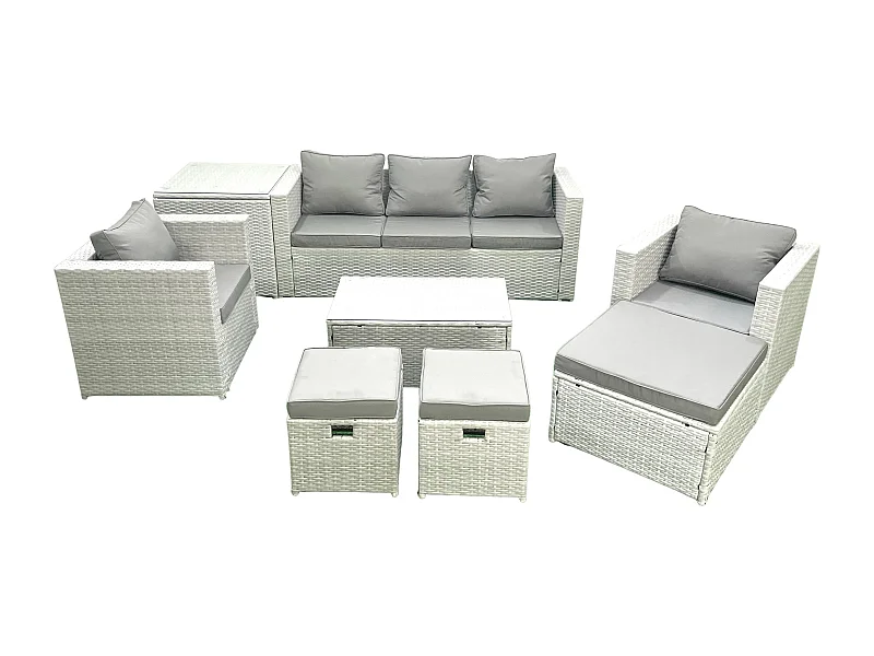 Polyrattan Sitzgruppe mit Rechteckiger Couchtisch 2 Sesseln 3 Fußhockern Beistelltisch Hellgrau gemischt