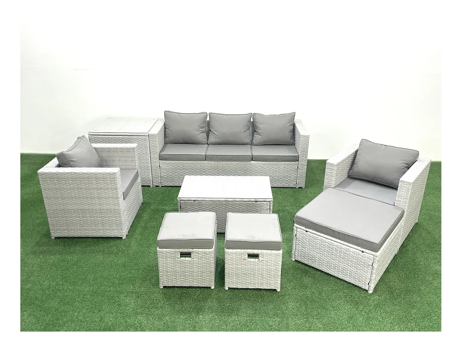 Polyrattan Sitzgruppe mit Rechteckiger Couchtisch 2 Sesseln 3 Fußhockern Beistelltisch Hellgrau gemischt