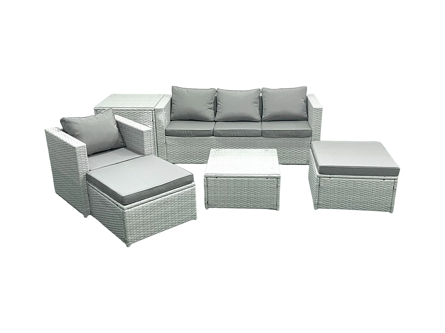 Salon de Jardin Exterieur en Résine 6 places avec Canapé 2 Grand tabourets Fauteuil Table d'appoint Gris clair mixte