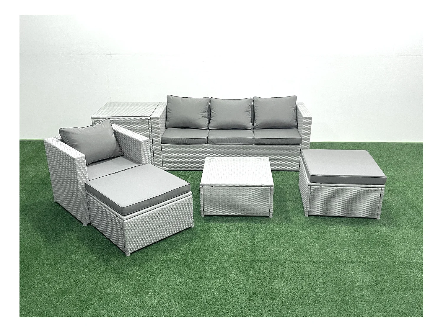 Salon de Jardin Exterieur en Résine 6 places avec Canapé 2 Grand tabourets Fauteuil Table d'appoint Gris clair mixte