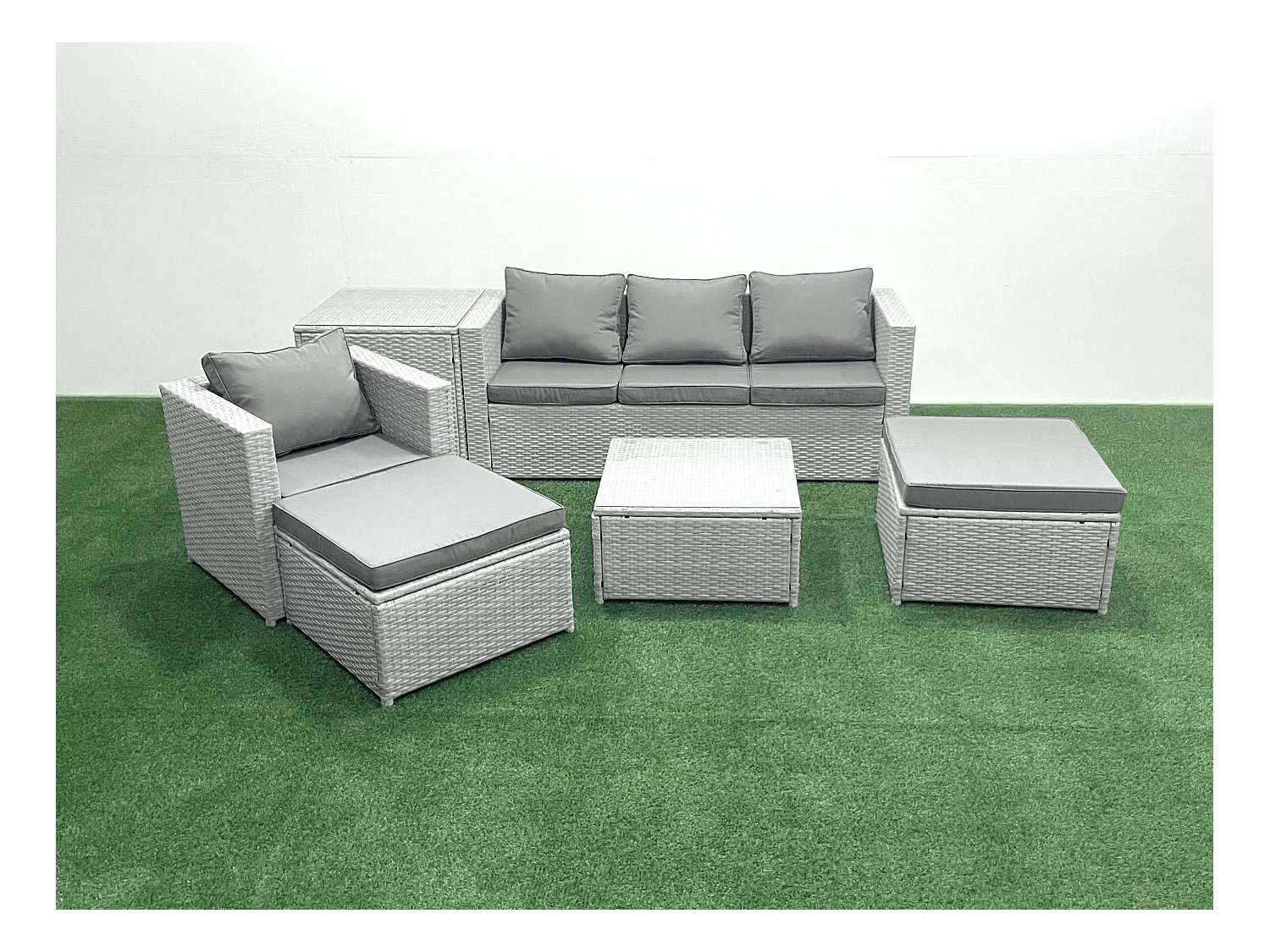 Salon de Jardin Exterieur en Résine 6 places avec Canapé 2 Grand tabourets Fauteuil Table d'appoint Gris clair mixte