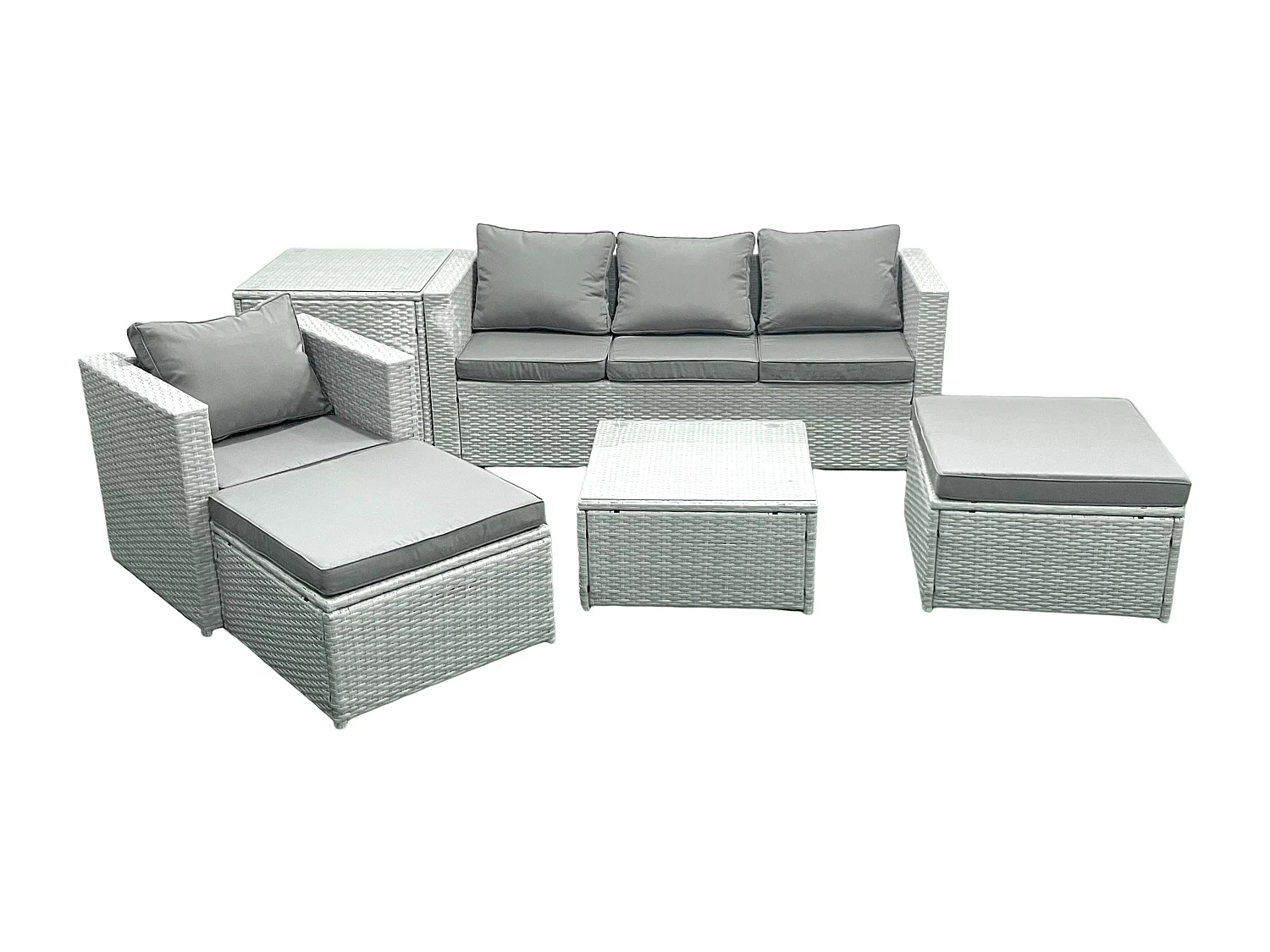 Salon de Jardin Exterieur en Résine 6 places avec Canapé 2 Grand tabourets Fauteuil Table d'appoint Gris clair mixte