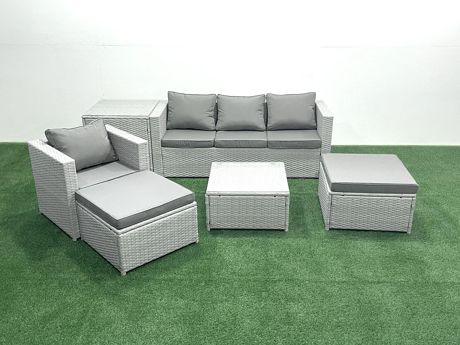 Salon de Jardin Exterieur en Résine 6 places avec Canapé 2 Grand tabourets Fauteuil Table d'appoint Gris clair mixte