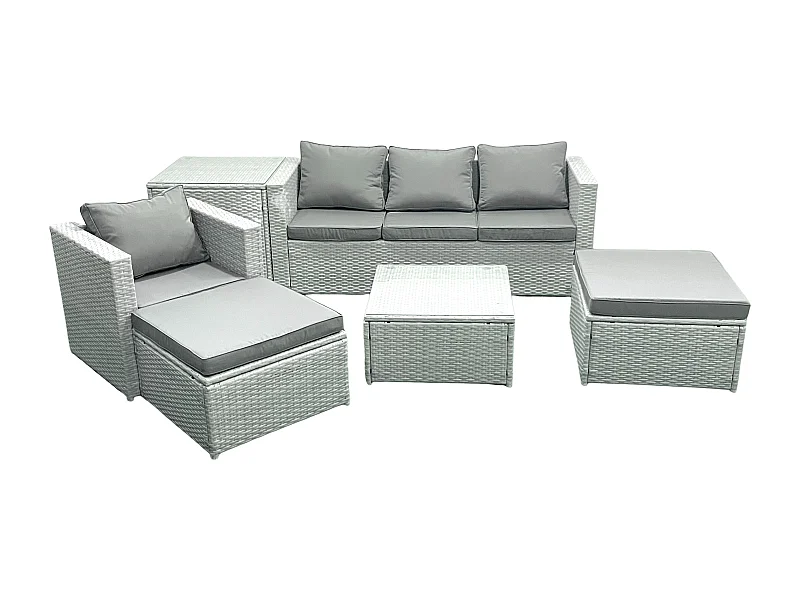 Salon de Jardin Exterieur en Résine 6 places avec Canapé 2 Grand tabourets Fauteuil Table d'appoint Gris clair mixte