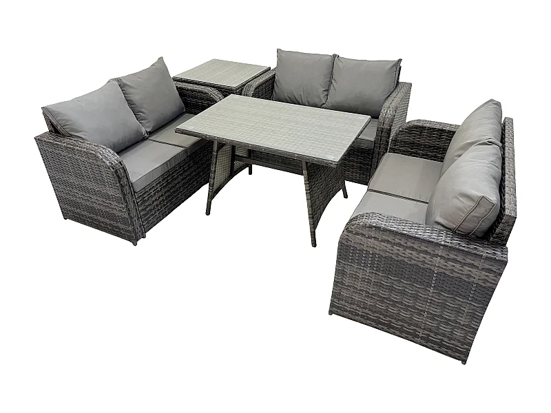 Polyrattan Gartenmöbel Set 6-Sitzer Gartensofa Set mit Rechteckiger Esstisch Beistelltisch Dunkelgrau Gemischt