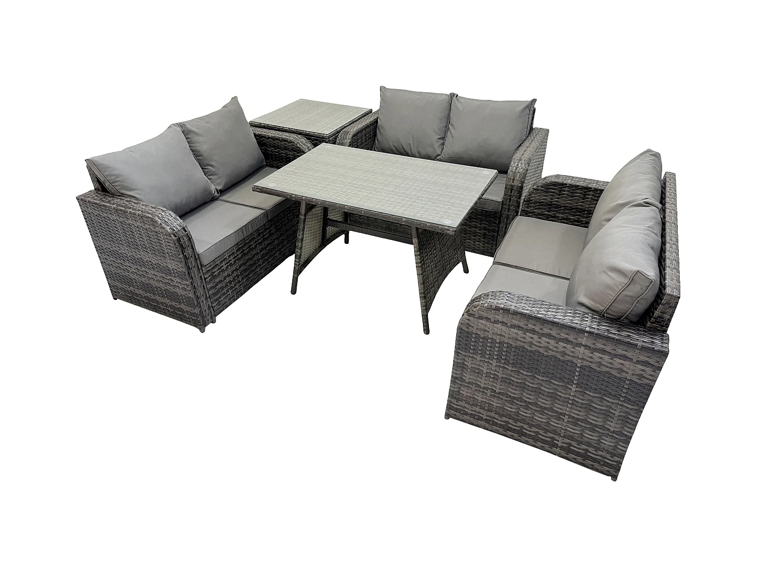 Polyrattan Gartenmöbel Set 6-Sitzer Gartensofa Set mit Rechteckiger Esstisch Beistelltisch Dunkelgrau Gemischt