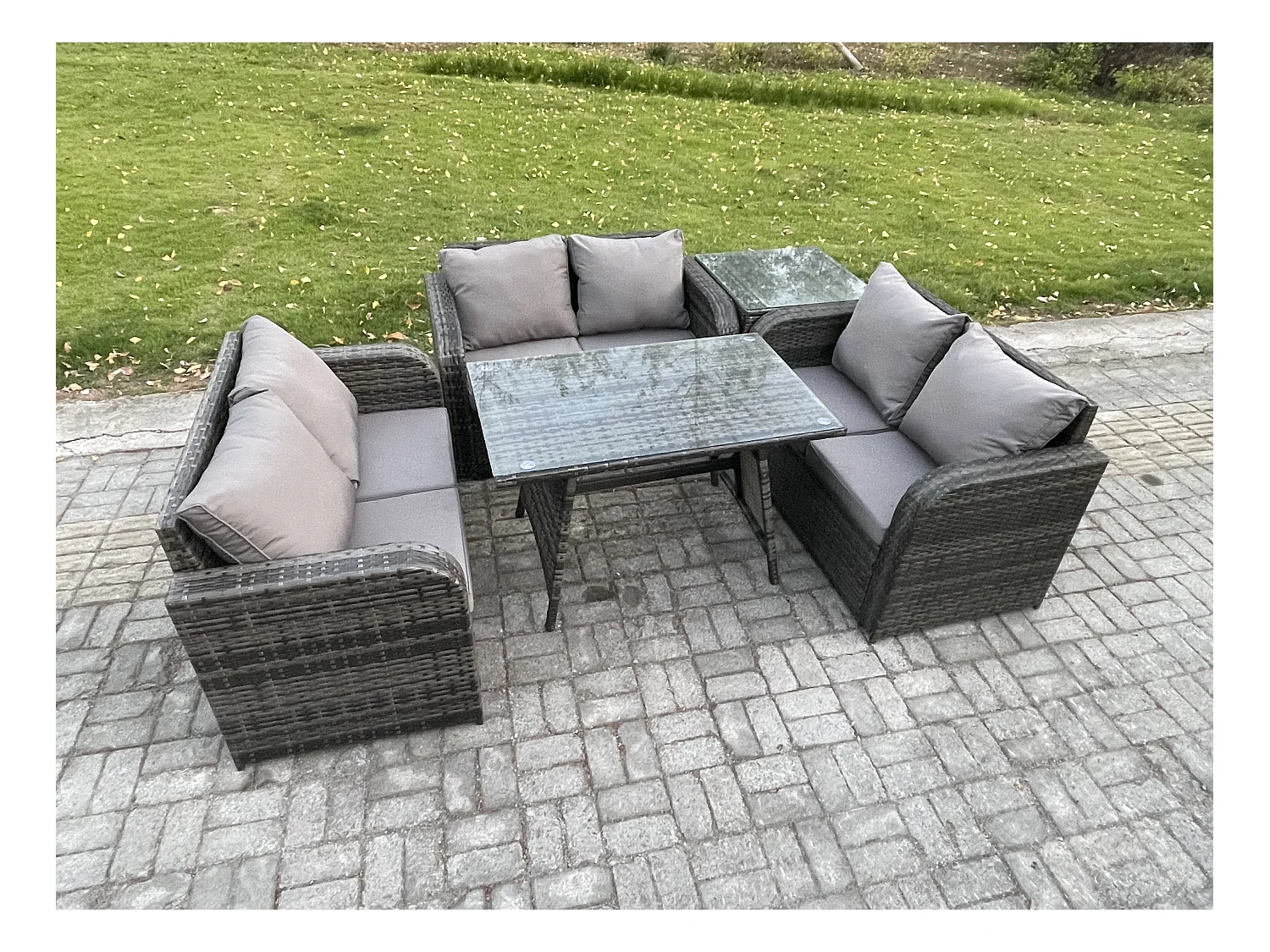 Polyrattan Gartenmöbel Set 6-Sitzer Gartensofa Set mit Rechteckiger Esstisch Beistelltisch Dunkelgrau Gemischt