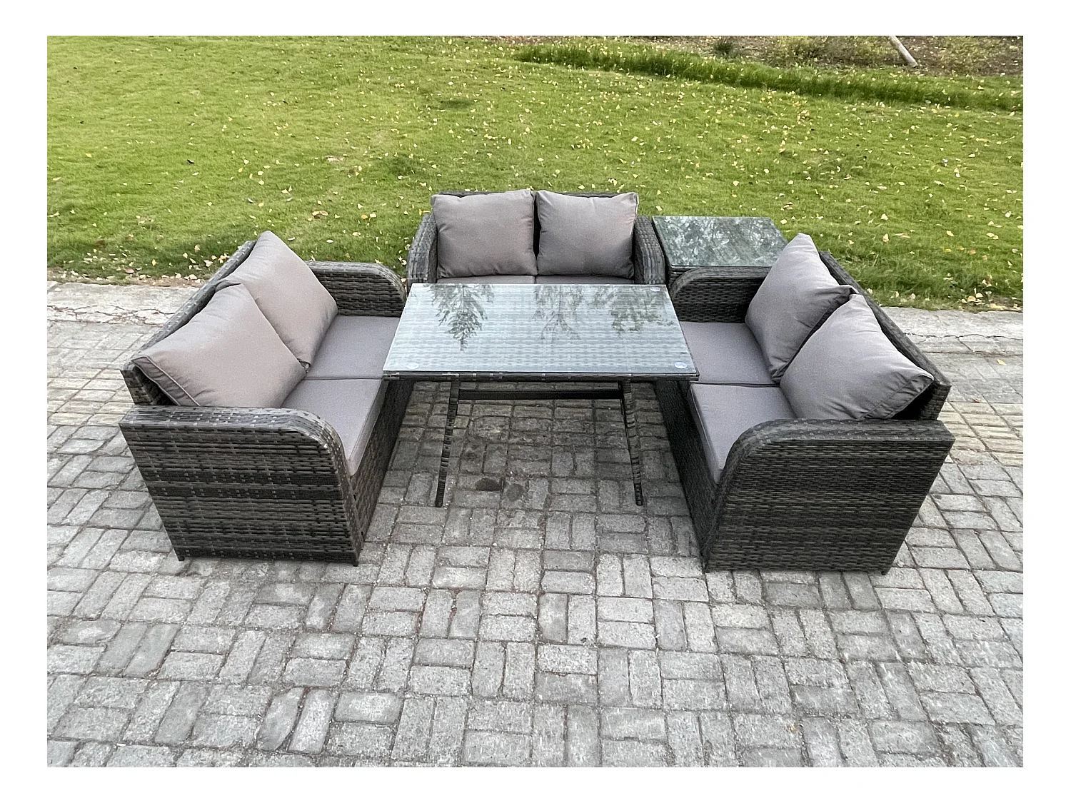 Polyrattan Gartenmöbel Set 6-Sitzer Gartensofa Set mit Rechteckiger Esstisch Beistelltisch Dunkelgrau Gemischt