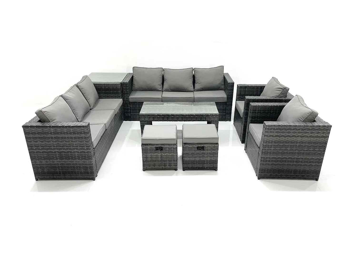 Polyrattan Gartenmöbel set mit Couchtisch Sessel Beistelltisch 2 kleine Fußhockern Dunkelgrau Gemischt