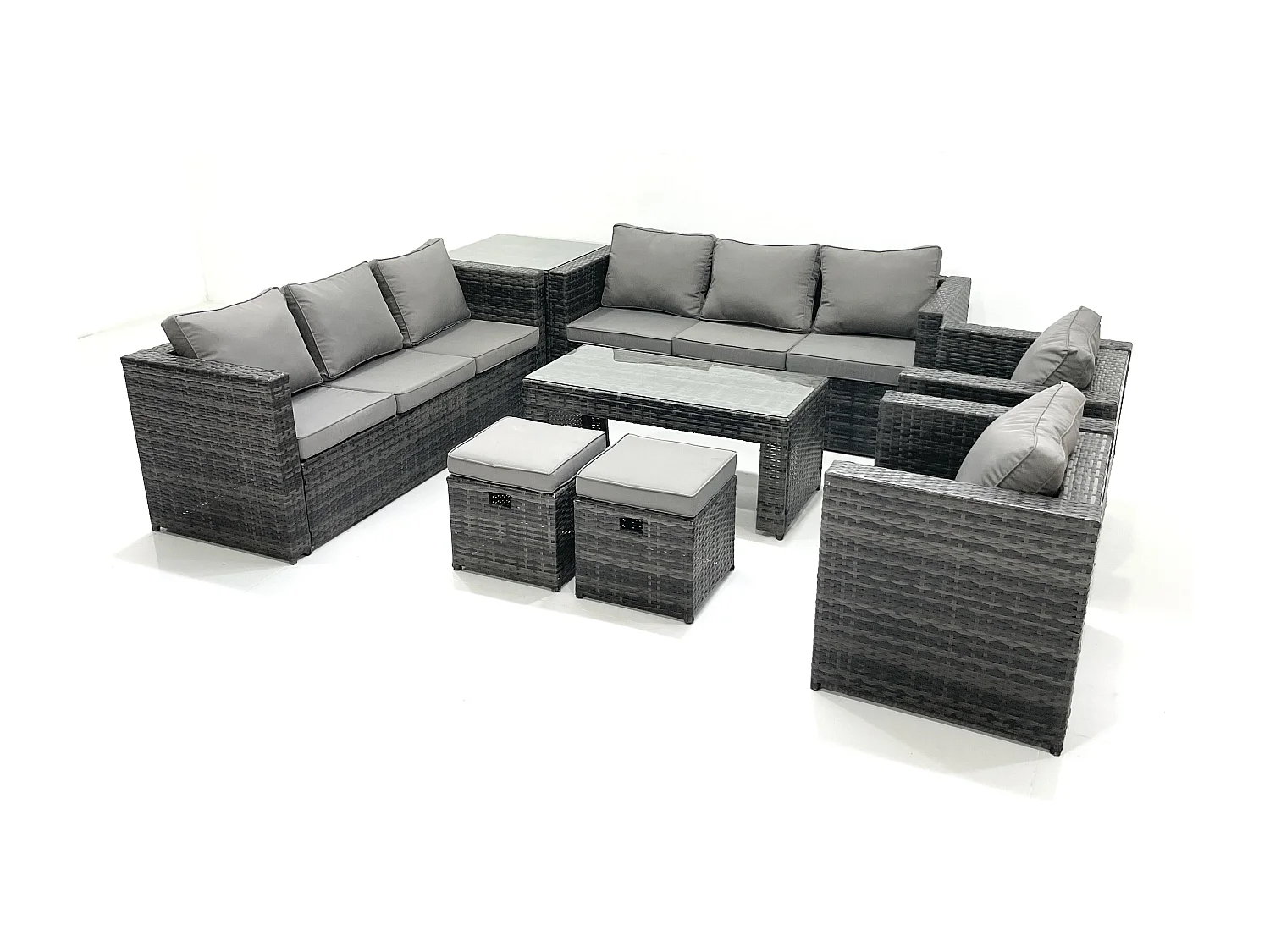 Polyrattan Gartenmöbel set mit Couchtisch Sessel Beistelltisch 2 kleine Fußhockern Dunkelgrau Gemischt