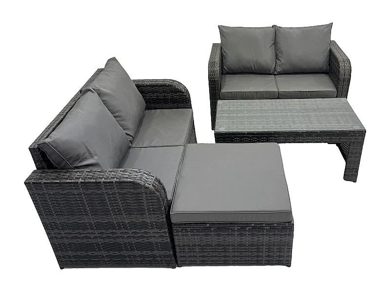 Hoher Rücken Polyrattan Gartenmöbel Set mit Loveseat Sofa Rechteckiger Couchtisch 2 Großer Hockern Garten Lounge Set Dunkelgrau Gemischt
