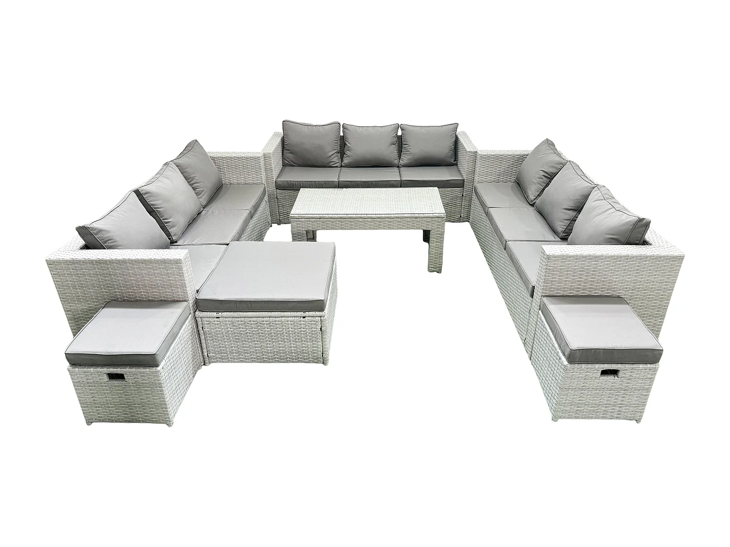 Ensemble de meubles d'extérieur en rotin 12 places avec Table basse oblongue 3 Tabourets Gris clair mixte