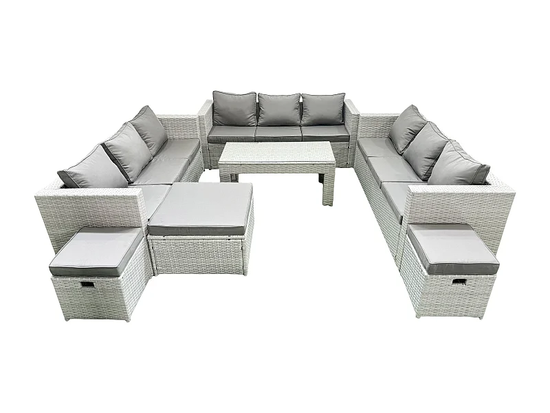 Ensemble de meubles d'extérieur en rotin 12 places avec Table basse oblongue 3 Tabourets Gris clair mixte