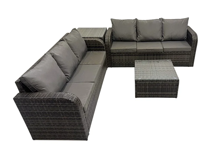 Rattan-Gartenmöbel 6-Sitzer Set Patio Tisch Sofa Stuhl Set mit Graue Kissen Beistelltisch