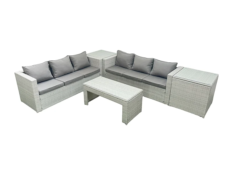 6 places Salon de Jardin Extérieur Canapé de jardin en rotin Table basse oblongue avec 2 Tables d'appoint Gris clair mixte