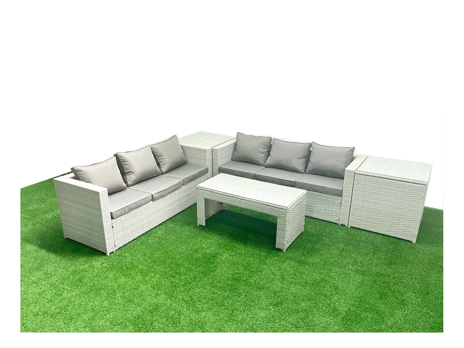 6 places Salon de Jardin Extérieur Canapé de jardin en rotin Table basse oblongue avec 2 Tables d'appoint Gris clair mixte