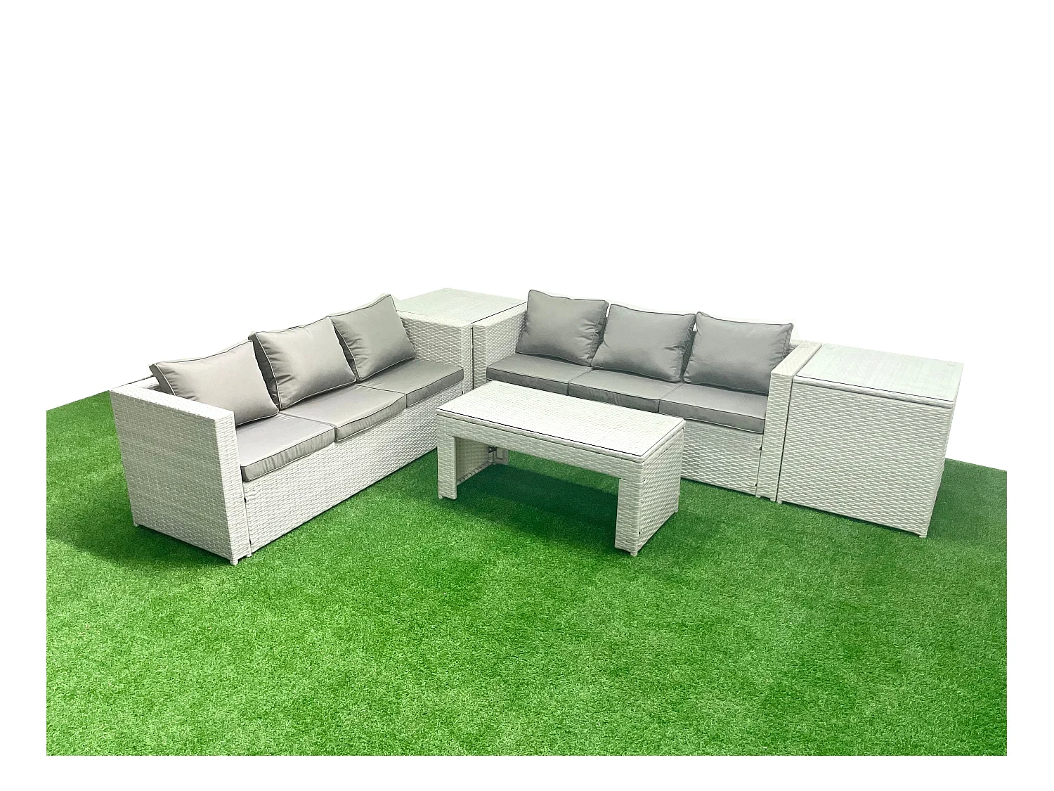 6 places Salon de Jardin Extérieur Canapé de jardin en rotin Table basse oblongue avec 2 Tables d'appoint Gris clair mixte