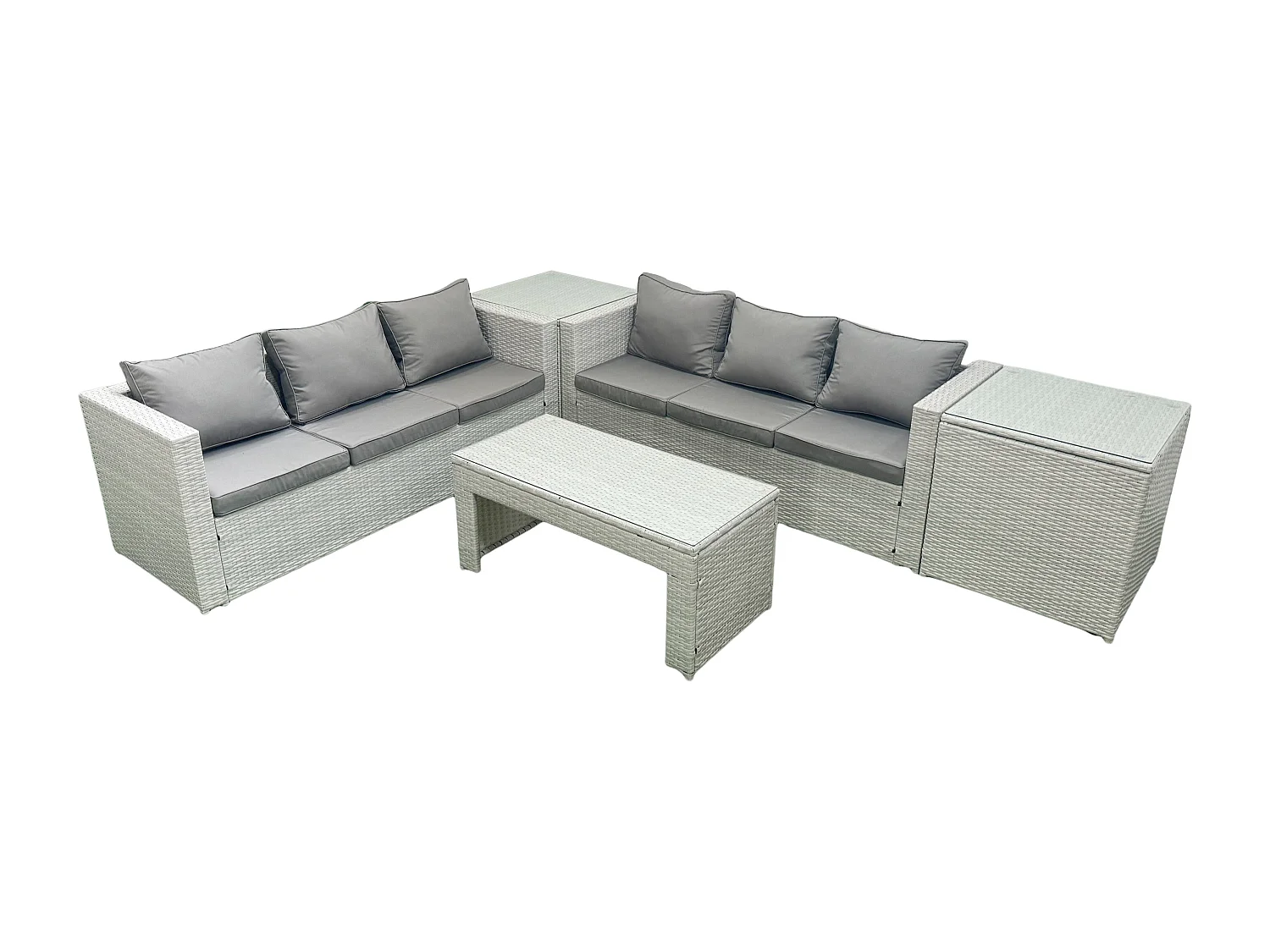 6-Sitzer Gartenmöbel-Set im Freien Polyrattan Garten Sofa Rechteckiger Couchtisch Set mit 2 Beistelltischen Hellgrau gemischt