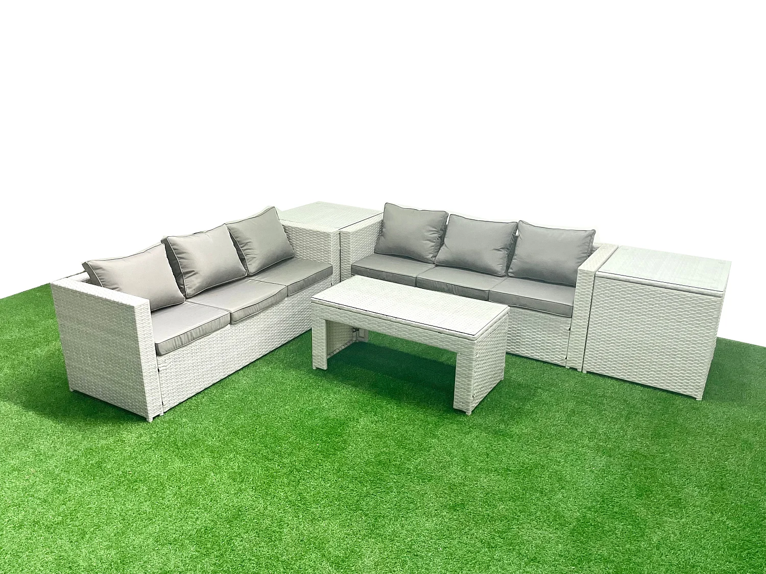 6-Sitzer Gartenmöbel-Set im Freien Polyrattan Garten Sofa Rechteckiger Couchtisch Set mit 2 Beistelltischen Hellgrau gemischt