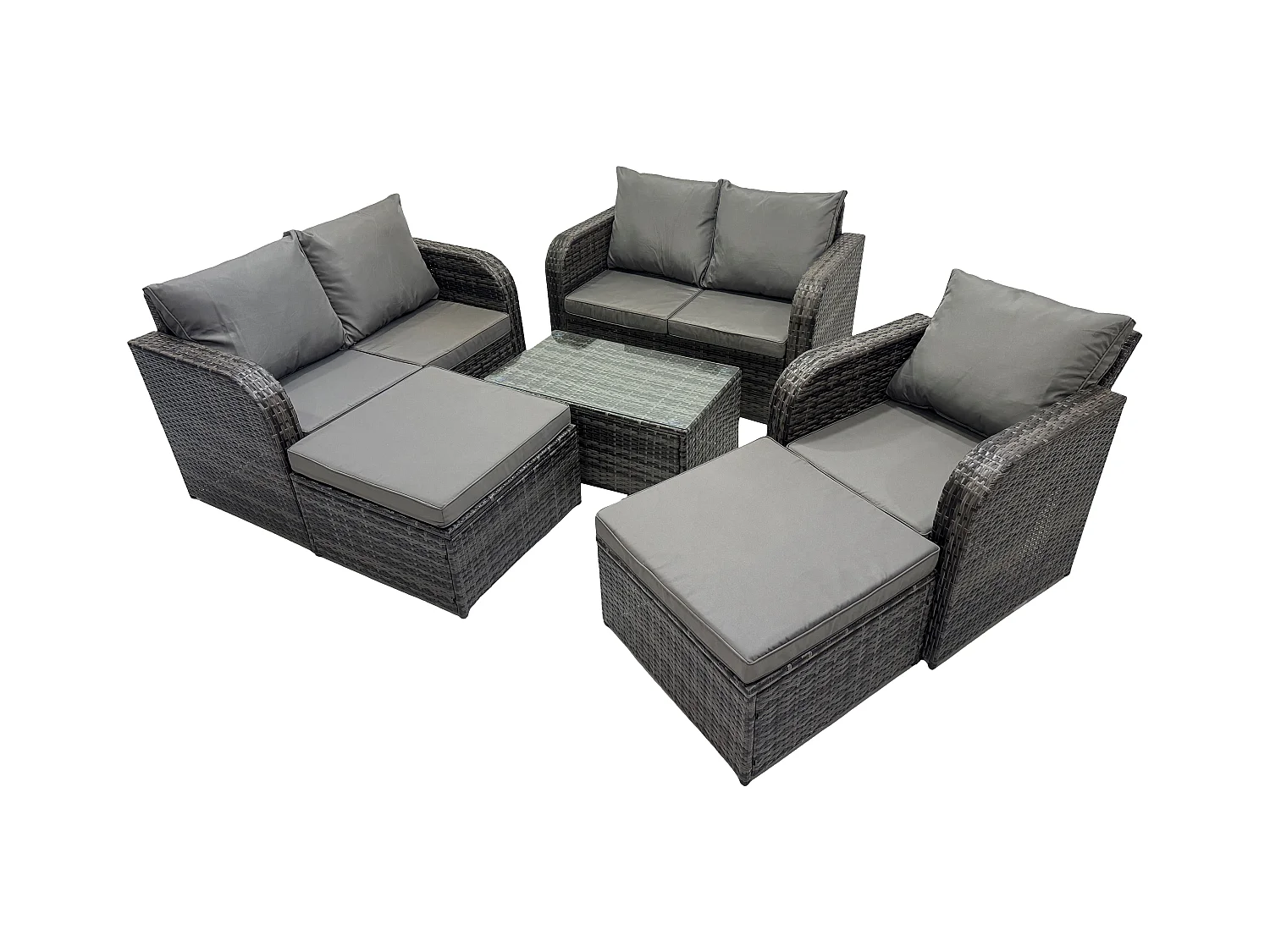 7-Sitzer Gartenmöbelset Rattan Garten Sofa im Freien Sessel mit Gehärteter Glastisch 2 hohen Hockern Dunkelgrau Gemischt