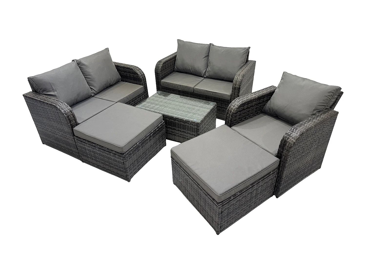 7-Sitzer Gartenmöbelset Rattan Garten Sofa im Freien Sessel mit Gehärteter Glastisch 2 hohen Hockern Dunkelgrau Gemischt