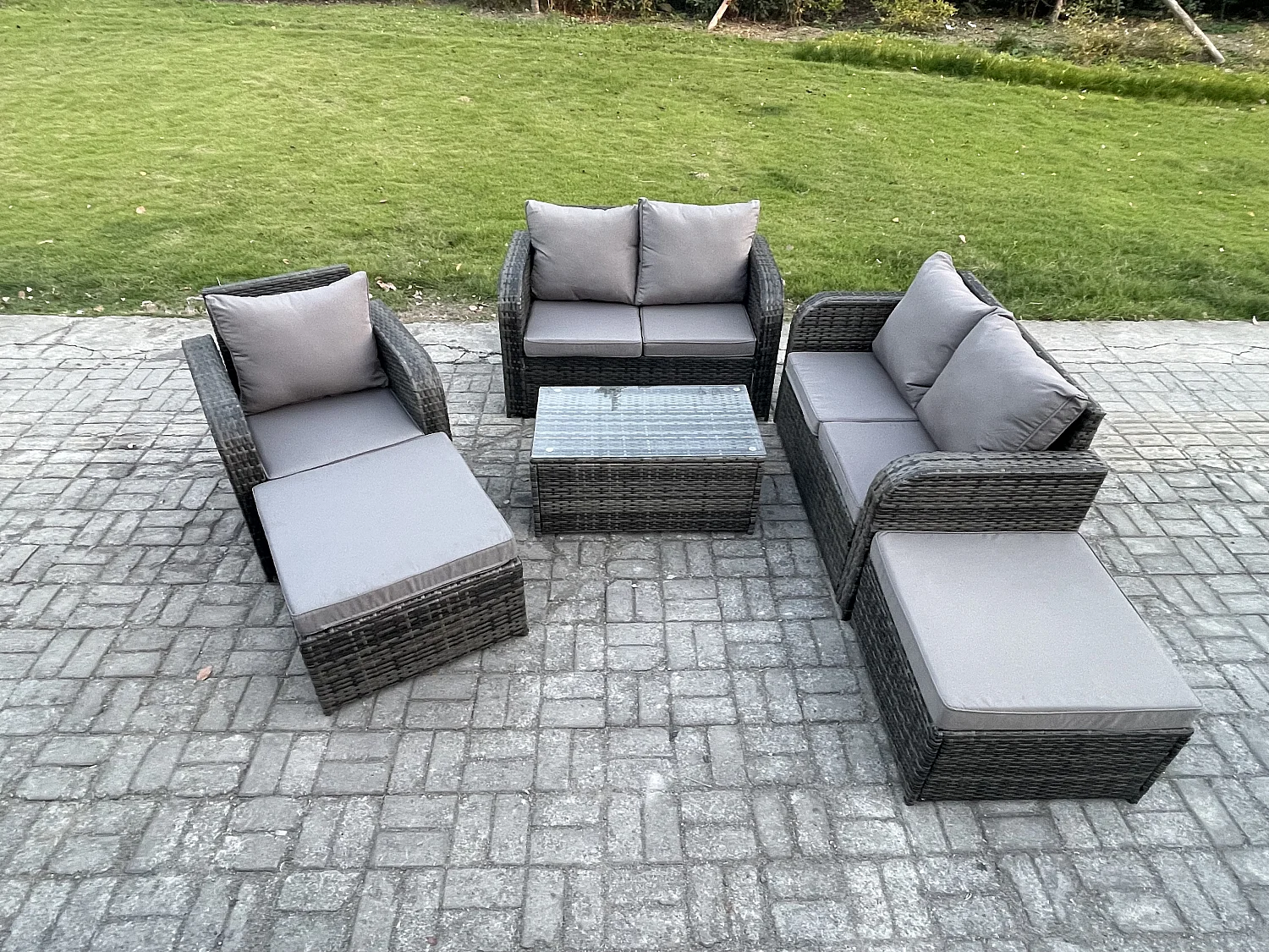 7-Sitzer Gartenmöbelset Rattan Garten Sofa im Freien Sessel mit Gehärteter Glastisch 2 hohen Hockern Dunkelgrau Gemischt