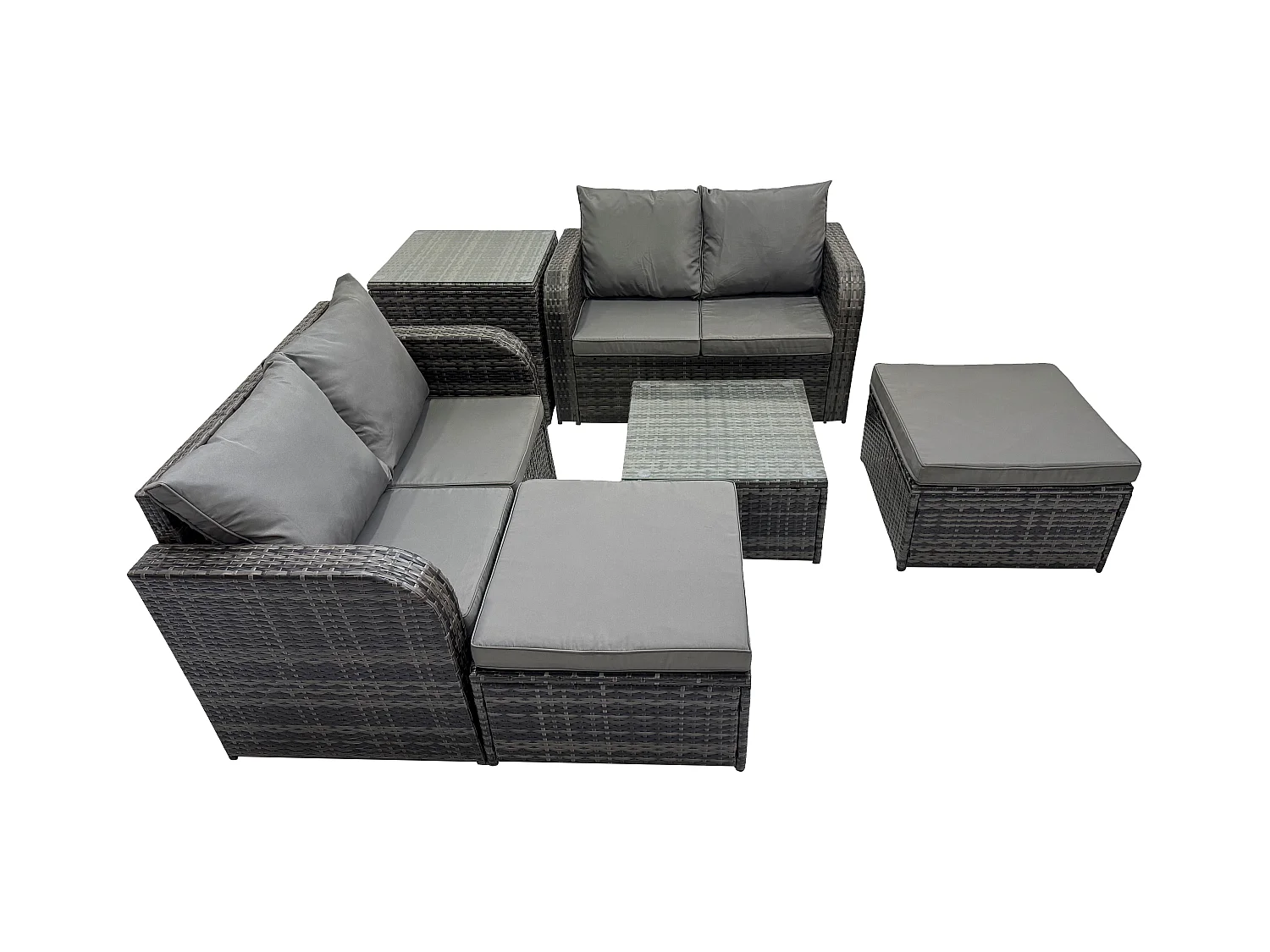 6-Sitzer Hoher Rücken Polyrattan Gartenmöbel Set mit Quadratischer Couchtisch 2 hohen Hockern Love Sofa Garten Lounge Set Dunkelgrau Gemischt