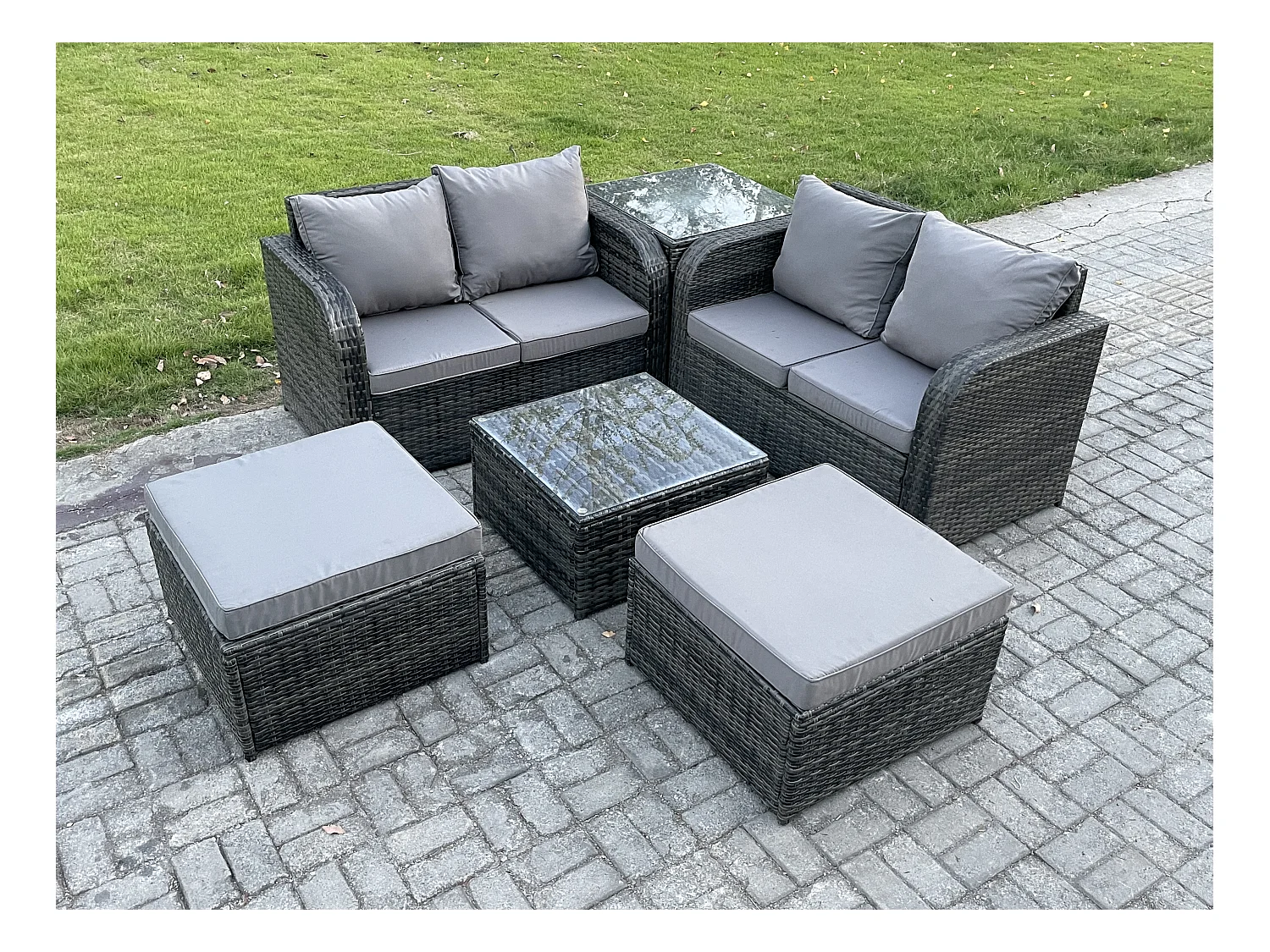 6-Sitzer Hoher Rücken Polyrattan Gartenmöbel Set mit Quadratischer Couchtisch 2 hohen Hockern Love Sofa Garten Lounge Set Dunkelgrau Gemischt